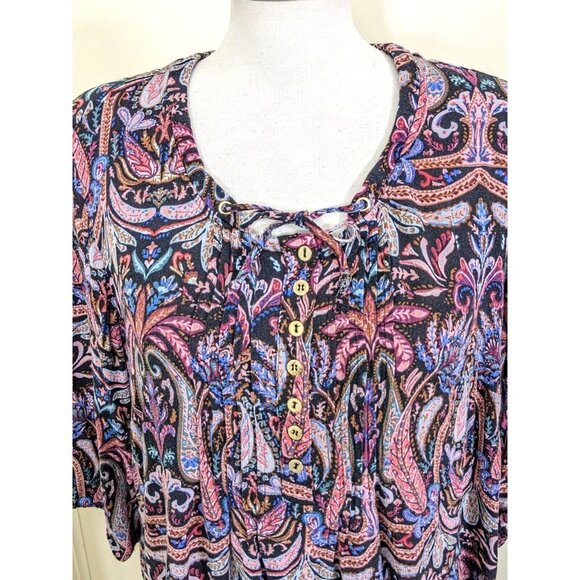Ulla Popken Popover Tunic Top Blouse Womens Size 16 18 Multi Paisley Tie Front - Picture 5 of 9